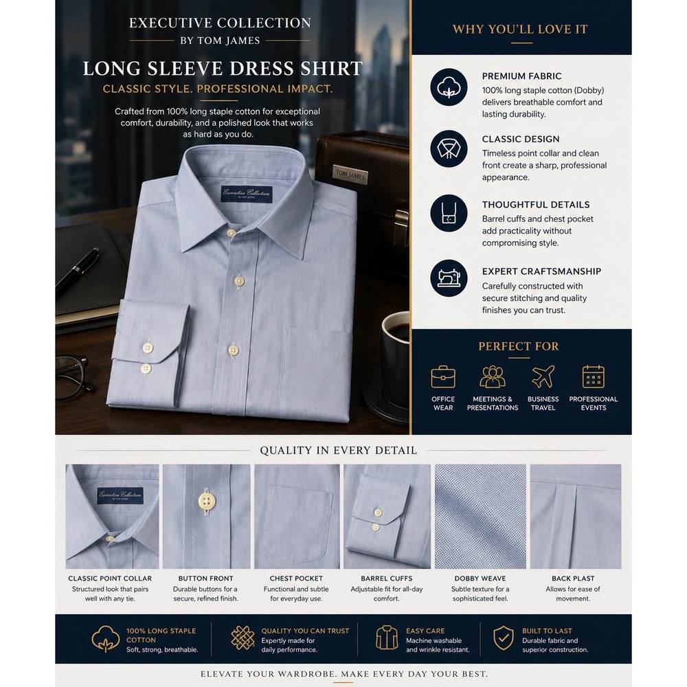 Tom James Executive Collection Mens Light Blue Dobby Cotton Dress Shirt L/S